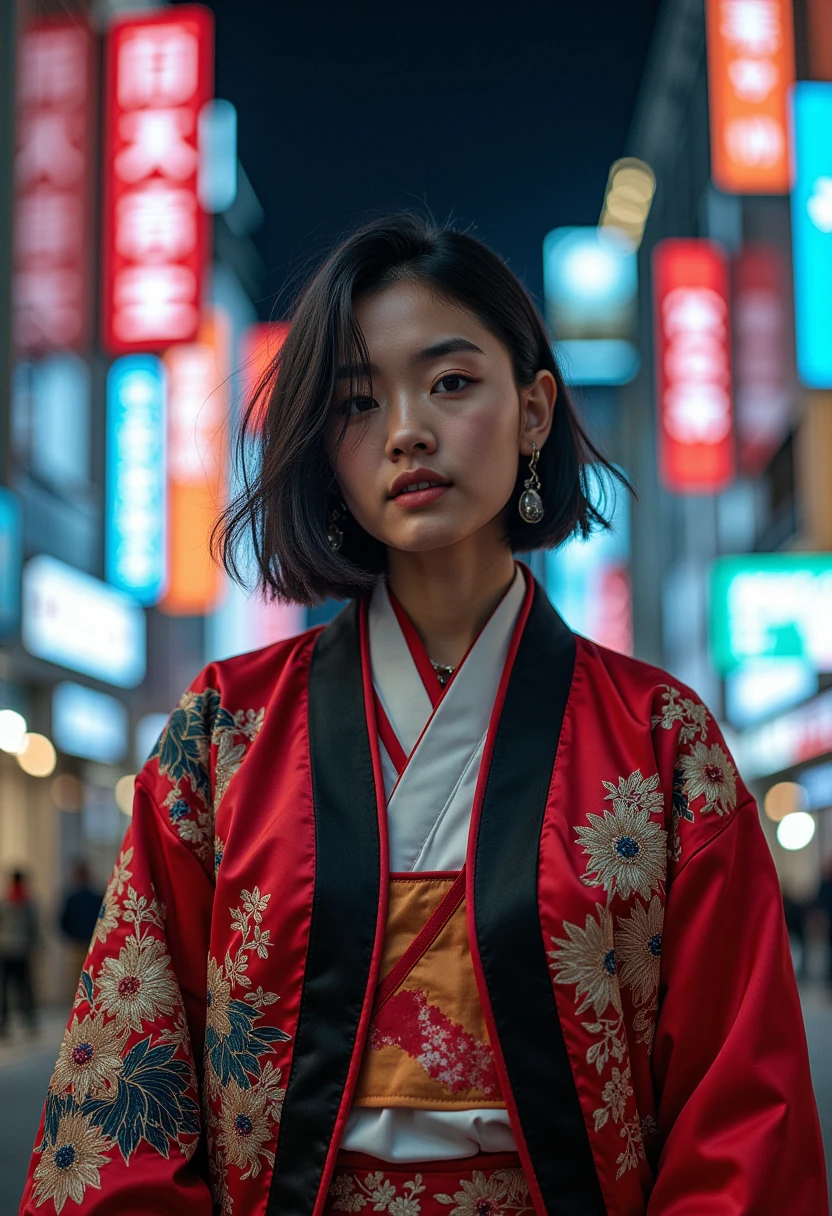 sukajan, Photo of a woman wearing sukajan jacket, modern city background 