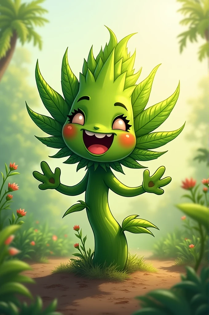 Marijuana leaf with a smile on her face rolling a marijuana cigarette