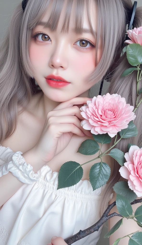 Beautiful woman、 Hatsune Miku、Floral arrangement、Wabi-sabi art、かわいいface、 very detailed_face_eye、 very detailedなface、 white dress、black、gray、Light blue shades、parchment、抽象的Floral arrangement、Three big flowers、 Dreamy Art 、silence、 wallpaper、Best Quality、masterpiece、 Hi-Res、８ｋ