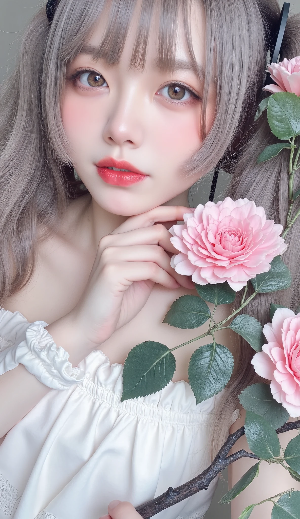 Beautiful woman、 Hatsune Miku、Floral arrangement、Wabi-sabi art、かわいいface、 very detailed_face_eye、 very detailedなface、 white dress、black、gray、Light blue shades、parchment、抽象的Floral arrangement、Three big flowers、 Dreamy Art 、silence、 wallpaper、Best Quality、masterpiece、 Hi-Res、８ｋ