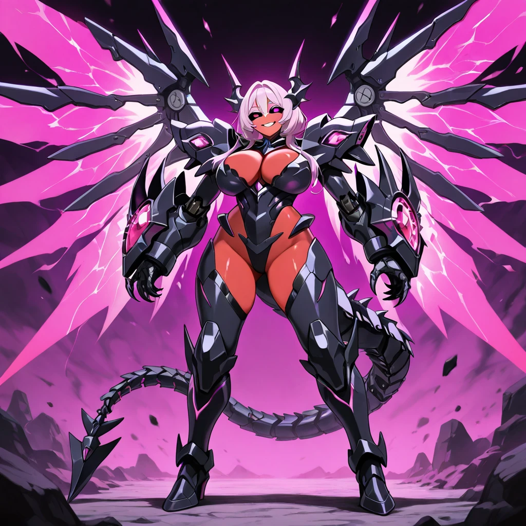 Anime, high detailed, multiple womans, mature womans, dark Ebony mecha armor, large mechanical wings, evil grin, large clawed Gauntlet, red skin, curvy body, long mechanical tail,black sclera、Colored sclera、crimson Colored skin、pink Eyes, elongated pupils,  Mature Woman、Black-purple aura、womans surrounding, background a glacier region