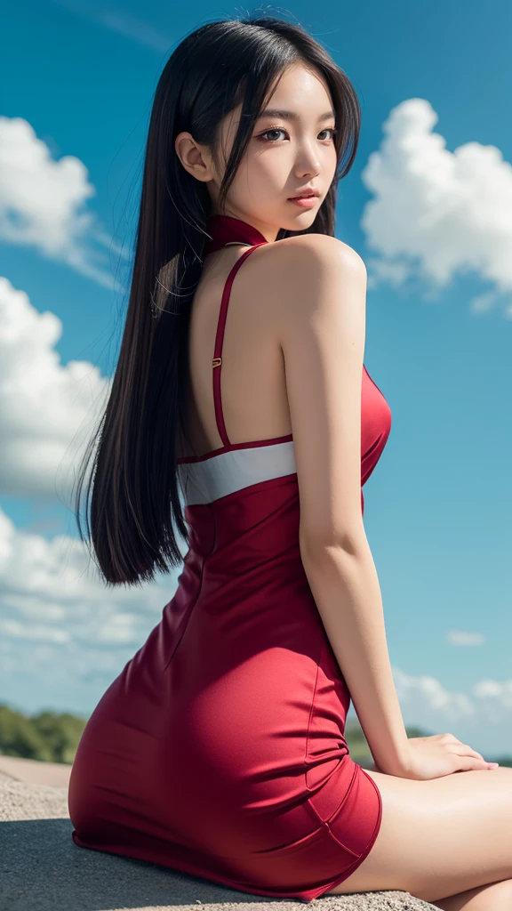(Masterpiece:1.4), (best quality:1.4), ultra highres,1girl, nami \(one piece\), extremely detailed,8k, beautiful, detailed eyes, looking at viewer, strong dark colors, (depth of field), (dynamic), (epic), sharp focus, (intricate details:1.2), Full color, bangs, blue sky, bracelet, breasts, (brown eyes:1.4), cloud, day, earrings, floating hair, ((she wearing a short backless turtleneck red dress)), jewelry, large breasts, log pose, long hair, navel, ((orange hair)), shoulder tattoo, sidelocks, sky, smile, solo, standing, pirate ship, (one piece),(strong pose:1.4),((only upper half of body)),
