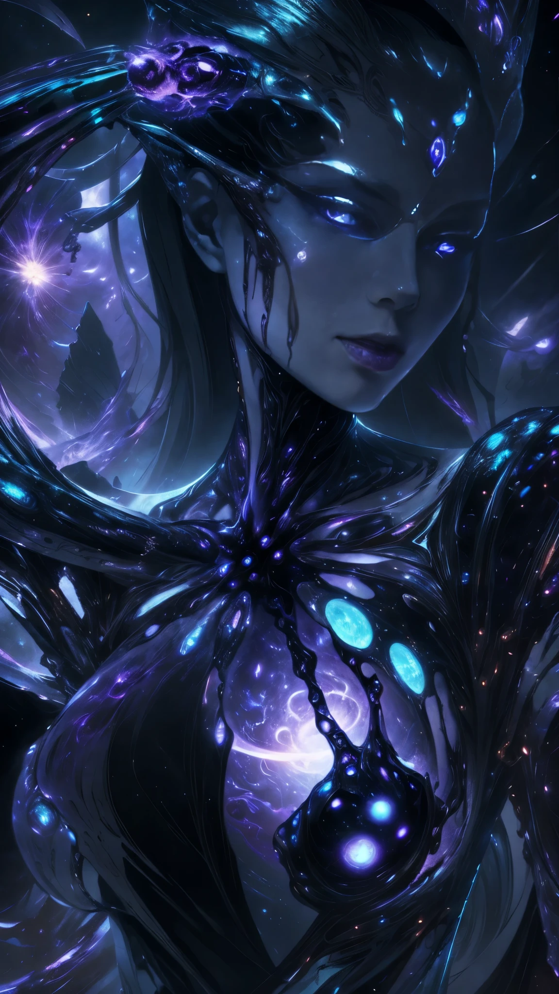 upper body of arcane mage woman, glowing iridescent runes, casting spell, purple hair and glowing eyes, naked, topless, (small breasts), black background, dark atmosphere, shout, ritual