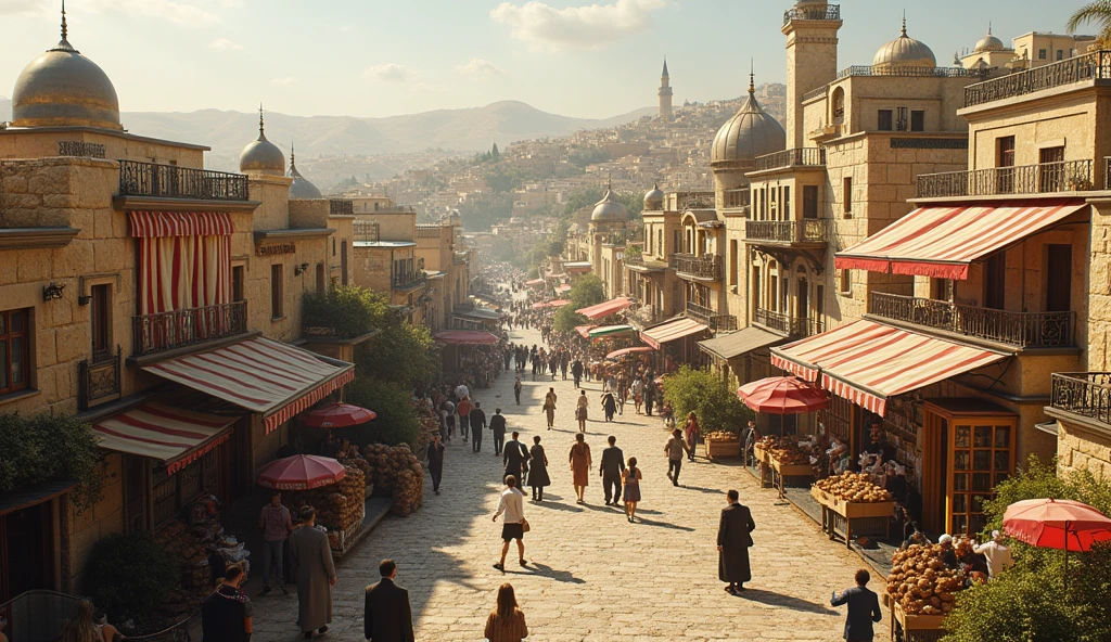 cinematic still close shot of a busy pedestrian street, towering neo-Byzantine imperial white walled city of Gondor from LOTR with a huge population, colorful marbled Venetian architecture, peaceful lush environment, shot on Sony, high budget, epic, gorgeous, film grain