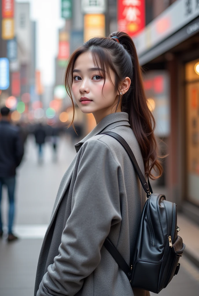  photorealistic, 8k full length portrait, Beautiful woman,  Charming expression ,  clear the system,  ponytail, 20 years old, Tokyo, winter, With Shibuya in the background