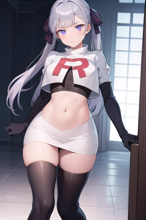 noellesilva, noelle silva, hair ribbon, long hair, (purple eyes:1.1), silver hair, twintails,
BREAK team rocket,team rocket uniform,white skirt,red letter R,crop top,black thigh-highs,black elbow gloves,
BREAK looking at viewer,
BREAK (masterpiece:1.2), best quality, high resolution, unity 8k wallpaper, (illustration:0.8), (beautiful detailed eyes:1.6), extremely detailed face, perfect lighting, extremely detailed CG, (perfect hands, perfect anatomy),