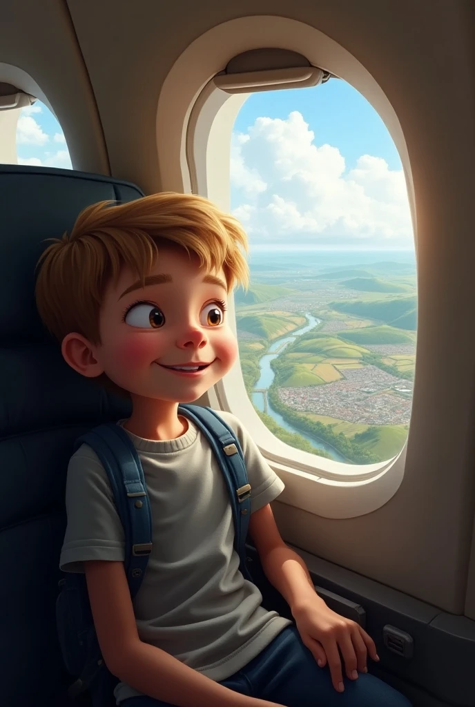 A smiling cartoon boy character {{{sitting on iPad}}} in the sky -- around clouds!! Steadicam Copper lighting, 70-200mm Mosaic --aspect 7:4 --s 750 --v 5.2