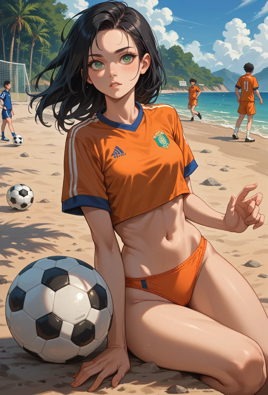 2 girls, t-shirts from Argentina and Brazil , soccer ball in hand, smiling, winking, pose sensual, sexy girl, 1: solo girl, king, white eyes colours, looking to the horizon, on the beach, night beach, Blurred Background, details in the stars, perfect body, multicolored bikini,random color hair,