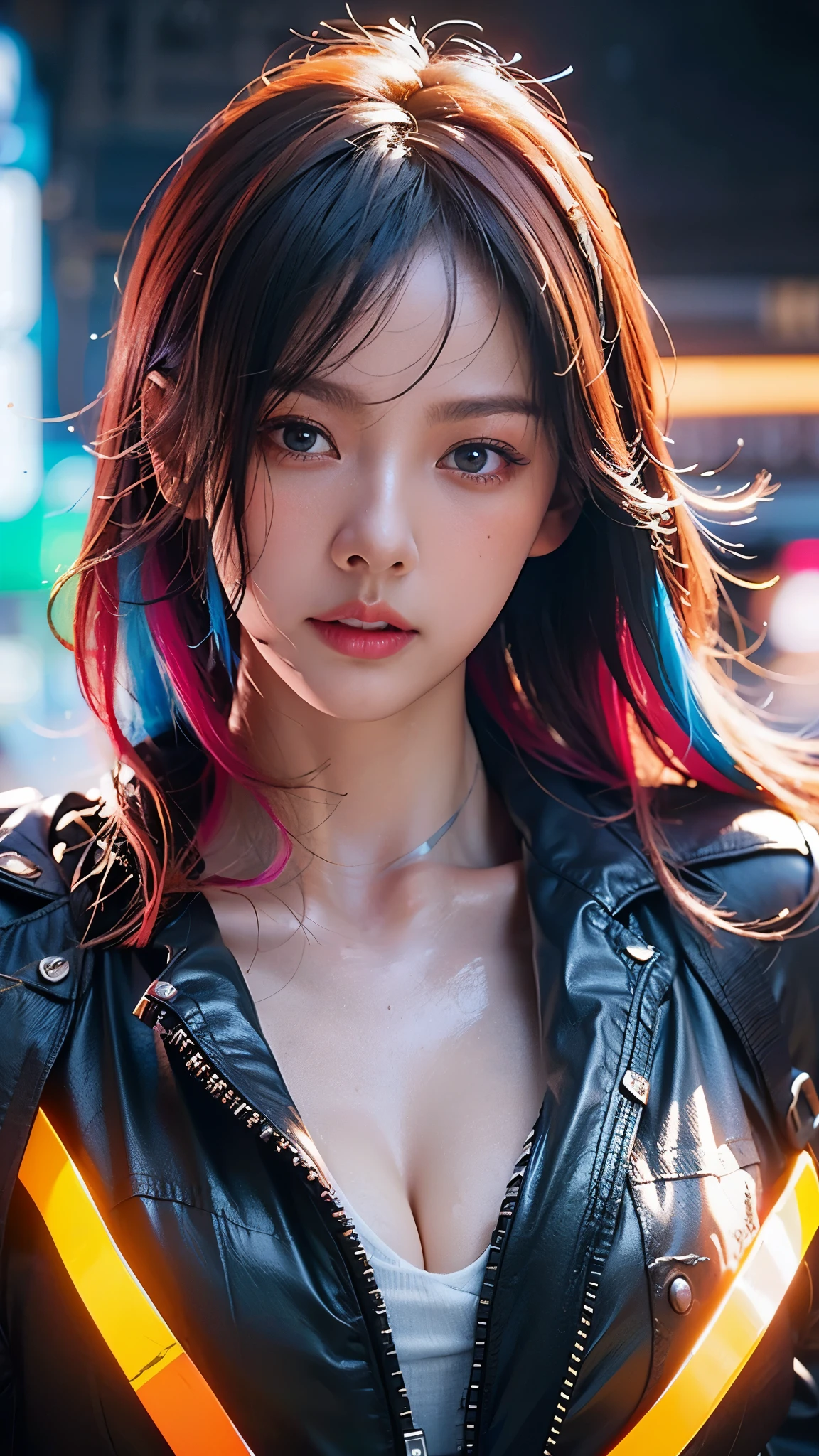 (masterpiece, highest quality, highest quality, Official Art, beautifully, aesthetic:1.2), Portrait Photography, (Cyberpunk fashion beautiful girl 1 person), Big iridescent eyes, Beautiful skin, Expressionlesoderate breast size, （Pink and blue long hair with bangs ）, Very detailed,(Neon colored fractal art:1.3), Perfect lighting, Sharp focus, High resolution, High resolution, High color rendering, High resolution, Super realistic,