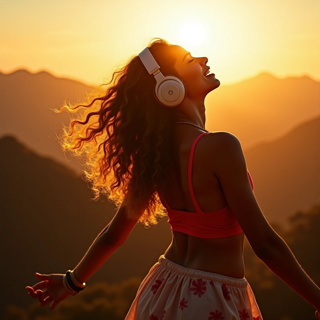 ((best quality)) , ((masterpiece)) , (detailed) , portrait, behance,close up of a slender (indian women:1.2) of Happiness with Supernova skin, French crop hair, Headphones, European mountains, Stars in the sky, horizon-centered, Screen print, Flustered, Suprematism, spotlit, Depth of field 100mm, Film grain, matte, MOBA style, absurdres, Concept Art World, 8k resolution