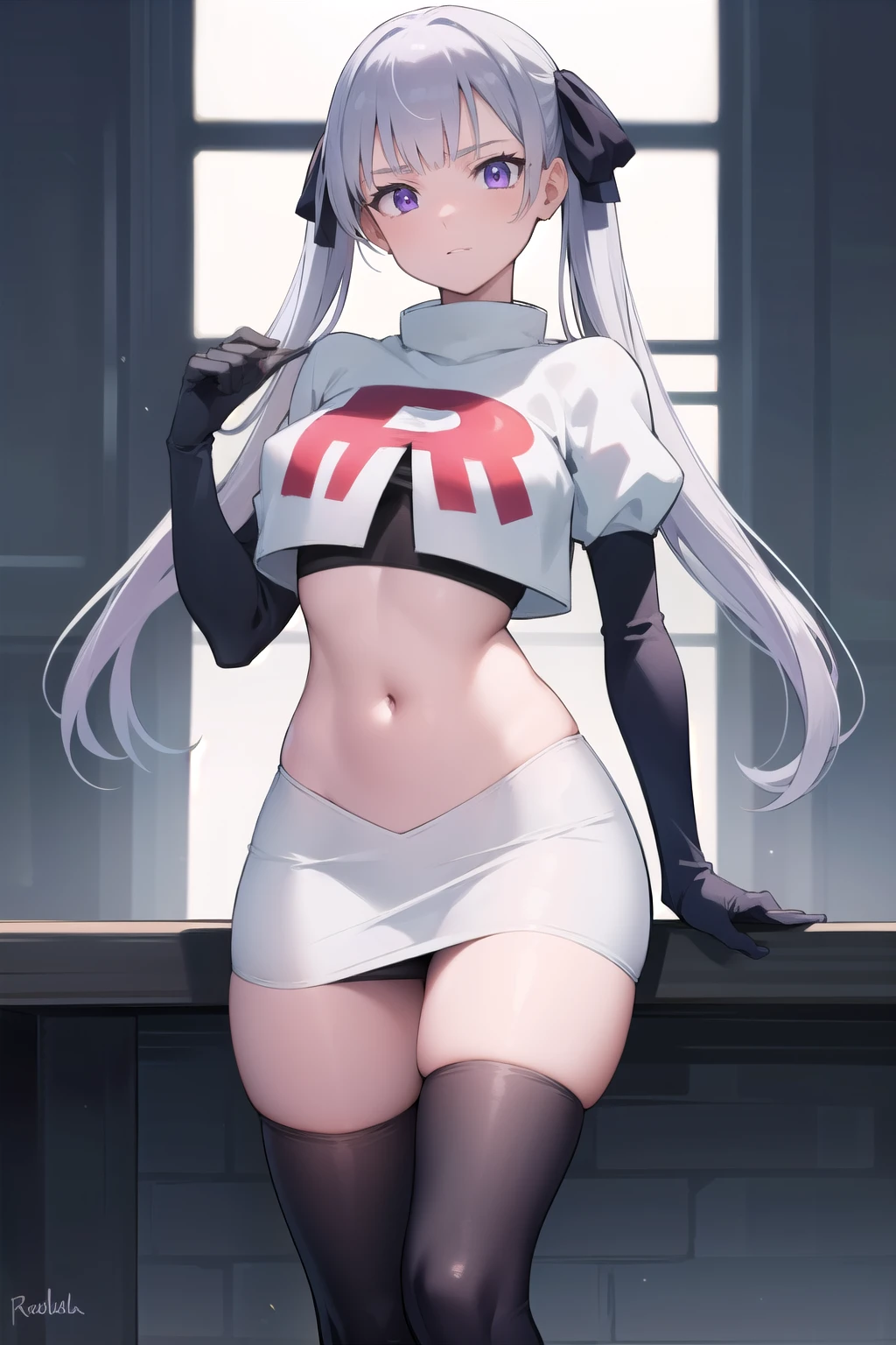 noellesilva, noelle silva, hair ribbon, long hair, (purple eyes:1.1), silver hair, twintails,
BREAK team rocket,team rocket uniform,white skirt,red letter R,crop top,black thigh-highs,black elbow gloves,
BREAK looking at viewer,
BREAK (masterpiece:1.2), best quality, high resolution, unity 8k wallpaper, (illustration:0.8), (beautiful detailed eyes:1.6), extremely detailed face, perfect lighting, extremely detailed CG, (perfect hands, perfect anatomy),