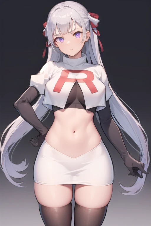 (masterpiece, best quality:1.2),illustration,8k,hd,1girl,solo,black_hair,ponytail,bow,hair_bow,large_breasts,white_bow,very_long_hair,bangs,hair_flaps,brown_eyes,yellow_eyes,katana,team rocket,team rocket uniform,white skirt,red letter R,crop top,black thigh-highs,black elbow gloves