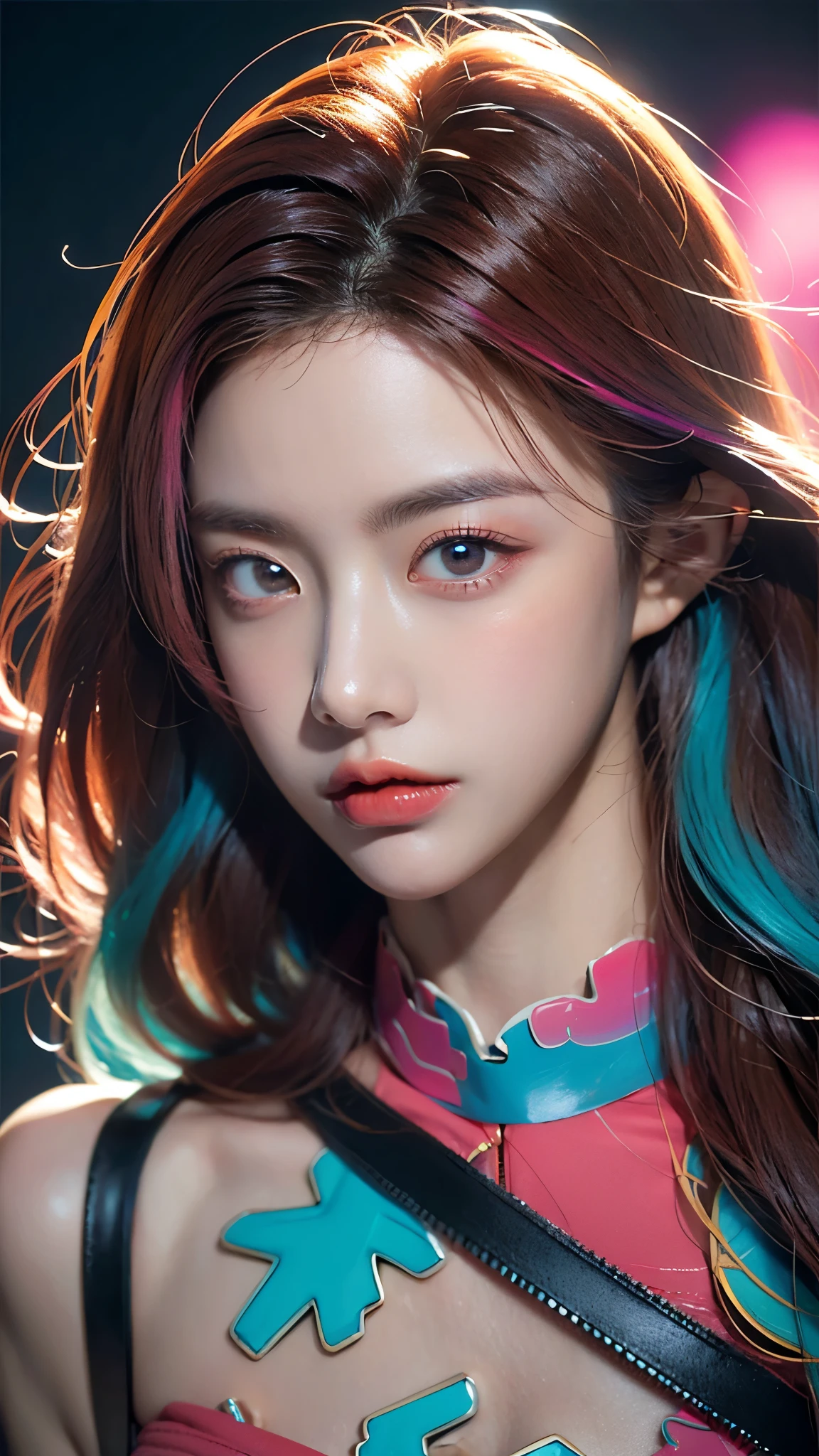 (masterpiece, highest quality, highest quality, Official Art, beautifully, aesthetic:1.2), Portrait Photography, (Cyberpunk fashion beautiful girl 1 person), Big iridescent eyes, Beautiful skin, Expressionlesoderate breast size, (Pink and blue long hair with bangs ), Very detailed,(Neon colored fractal art:1.3), Perfect lighting, Sharp focus, High resolution, High resolution, High color rendering, High resolution, Super realistic,