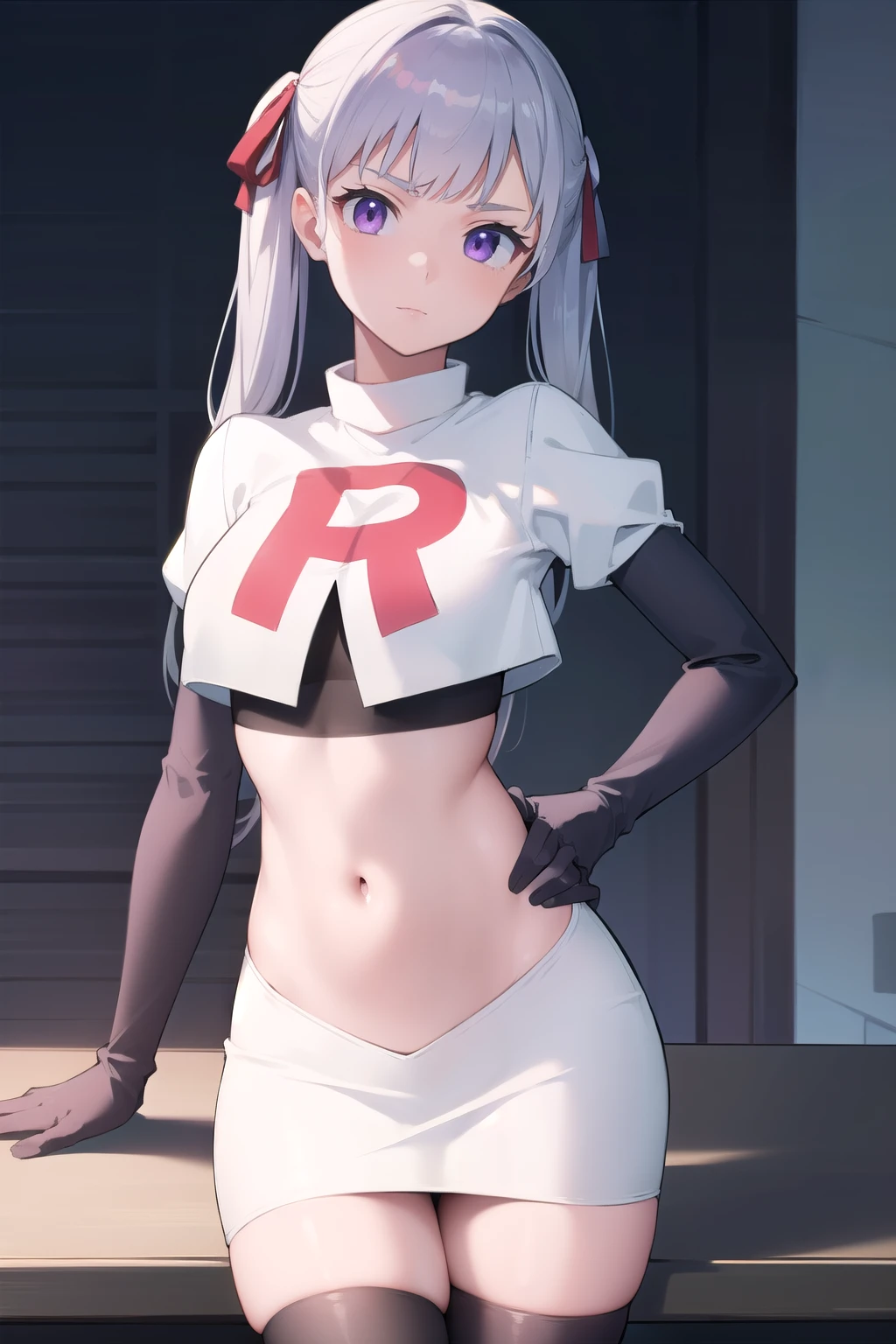 noellesilva, noelle silva, hair ribbon, long hair, (purple eyes:1.1), silver hair, twintails,
BREAK team rocket,team rocket uniform,white skirt,red letter R,crop top,black thigh-highs,black elbow gloves,
BREAK looking at viewer,
BREAK (masterpiece:1.2), best quality, high resolution, unity 8k wallpaper, (illustration:0.8), (beautiful detailed eyes:1.6), extremely detailed face, perfect lighting, extremely detailed CG, (perfect hands, perfect anatomy),