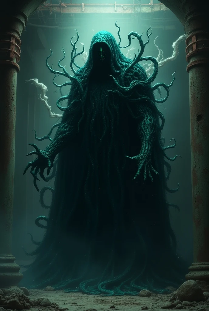 The image features a smoke-like representation of a Cthulhu figure, which appears to be a white and gray Cthulhu figure. The smoke is billowing upwards, creating a visually striking and artistic effect. The smoke is so dense and well-formed that it resembles the shape of a Cthulhu, making it an interesting and unique sight. This artistic representation of a Cthulhu figure using smoke adds a creative and captivating element to the scene.
