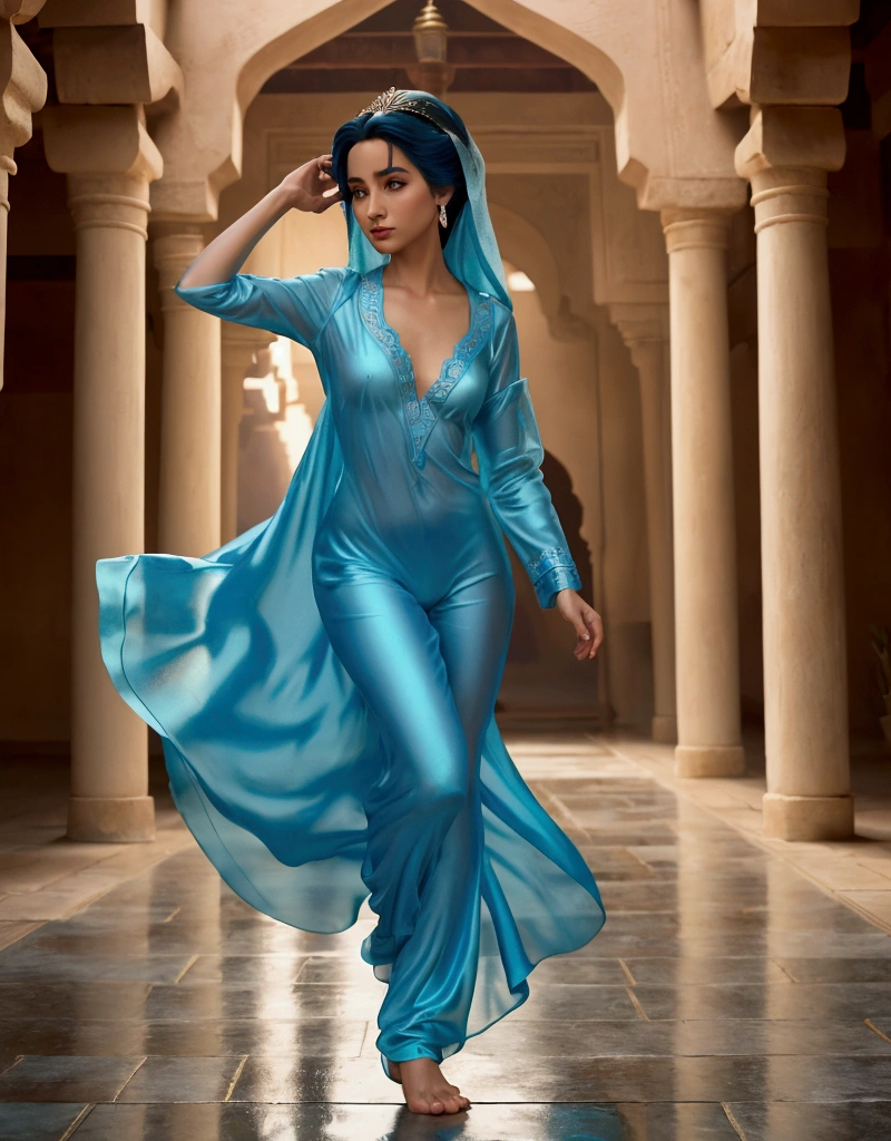 Princess Jazmin from Disney's animated film "Aladdin", in short cyan silk pajamas with transparent details, running in a courtyard of an Arab palace in the rain