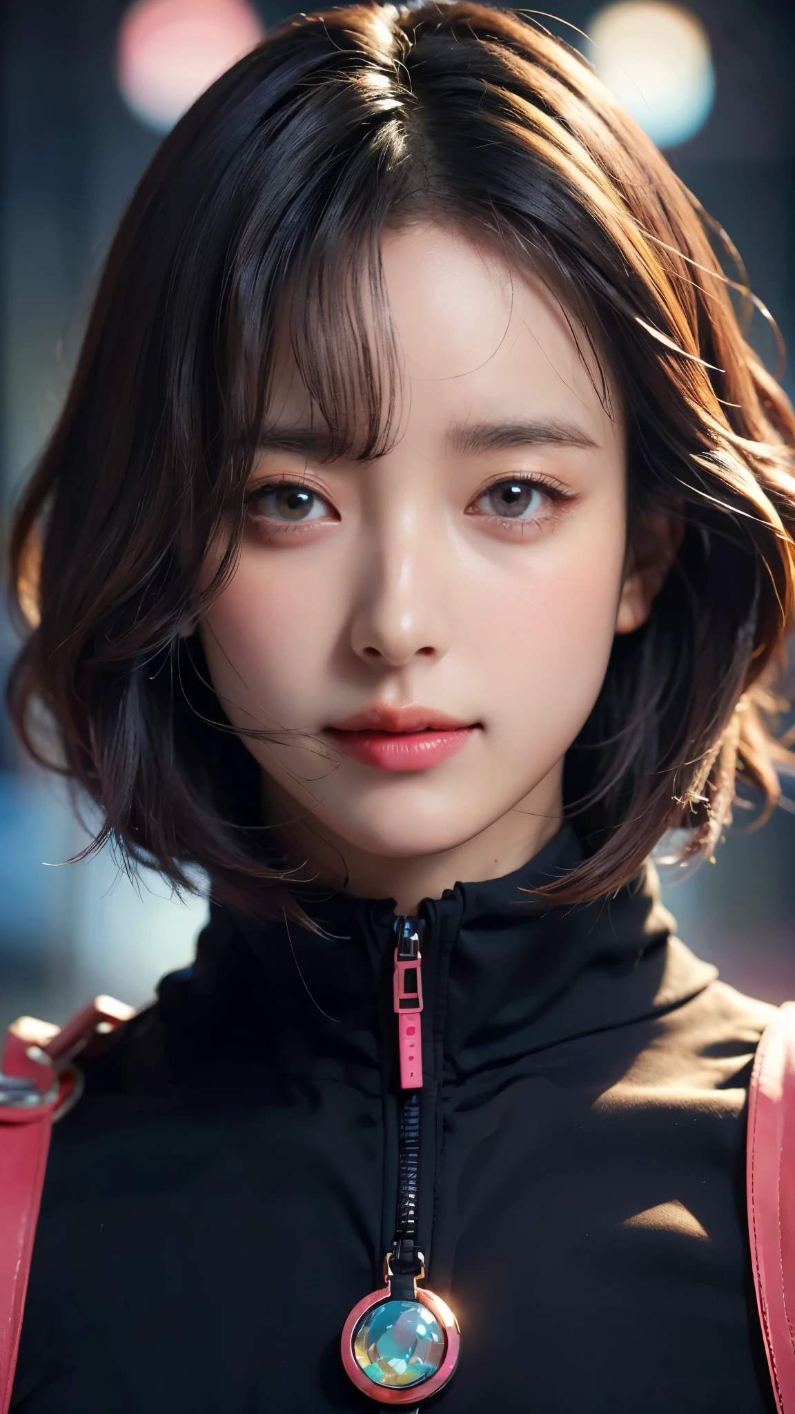 (masterpiece, highest quality, highest quality, Official Art, beautifully, aesthetic:1.2), Portrait Photography, (Cyberpunk fashion beautiful girl 1 person), Big iridescent eyes, Beautiful skin, Expressionlesoderate breast size, (Pink and blue long hair with bangs ), Very detailed,(Neon colored fractal art:1.3), Perfect lighting, Sharp focus, High resolution, High resolution, High color rendering, High resolution, Super realistic,