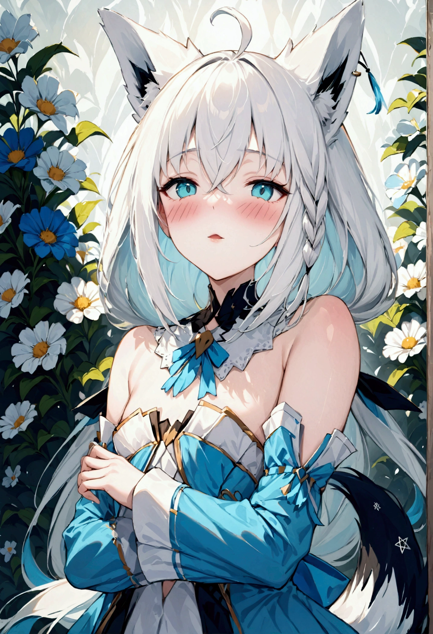  High image quality 、masterpiece、   high quality、Full HD、4K、 draw one girl 、 Shirakami Fubuki、Make a fox shape with your hands、 long gray hair 、 blue eyes、Fox Ears、 white idol clothes、 flat chest、tail、 Seductive Expression 、 Blushing cheeks 、 open your mouth 、Surrounded by flowers