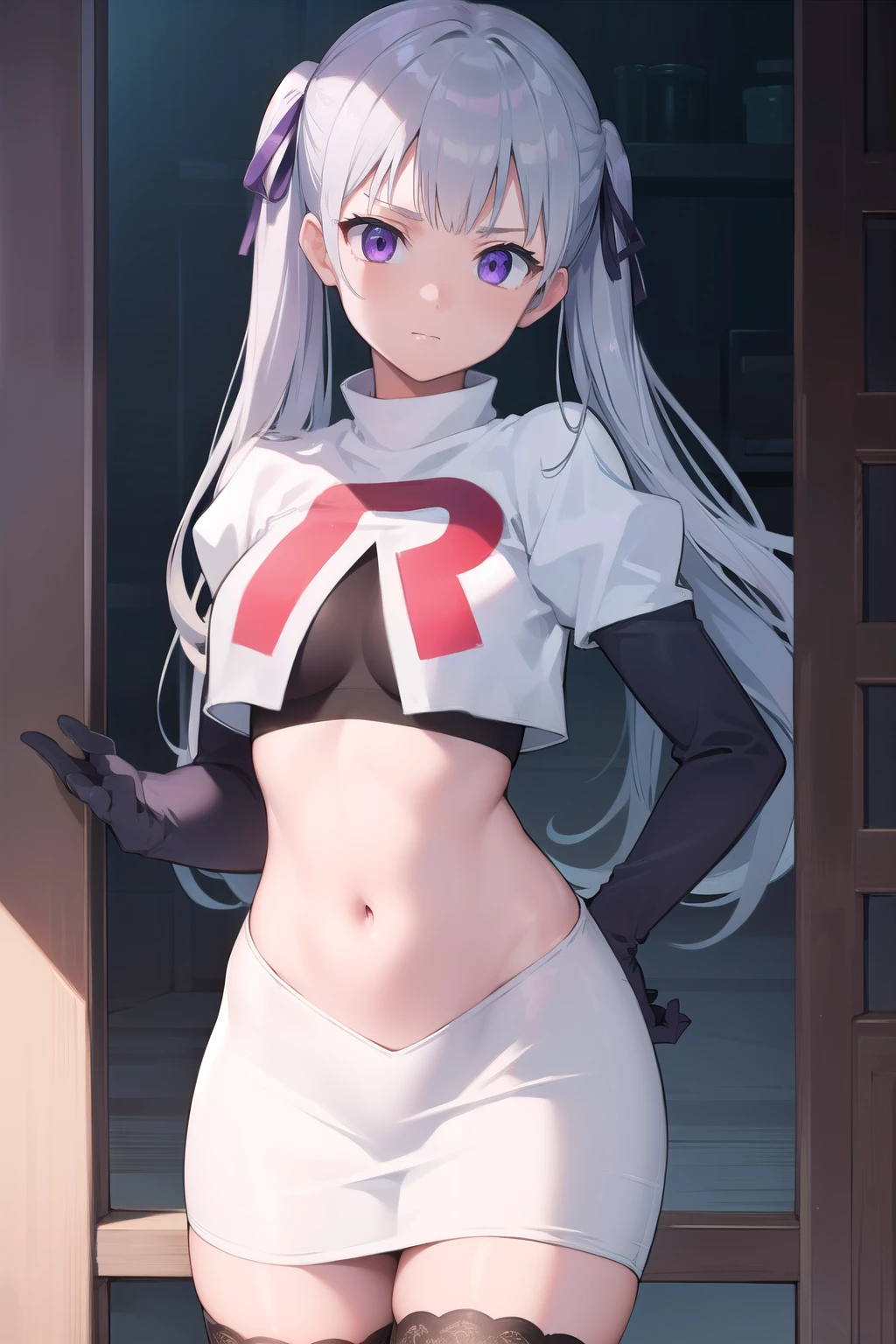 noellesilva, noelle silva, hair ribbon, long hair, (purple eyes:1.1), silver hair, twintails,
BREAK team rocket,team rocket uniform,white skirt,red letter R,crop top,black thigh-highs,black elbow gloves,
BREAK looking at viewer,
BREAK (masterpiece:1.2), best quality, high resolution, unity 8k wallpaper, (illustration:0.8), (beautiful detailed eyes:1.6), extremely detailed face, perfect lighting, extremely detailed CG, (perfect hands, perfect anatomy),