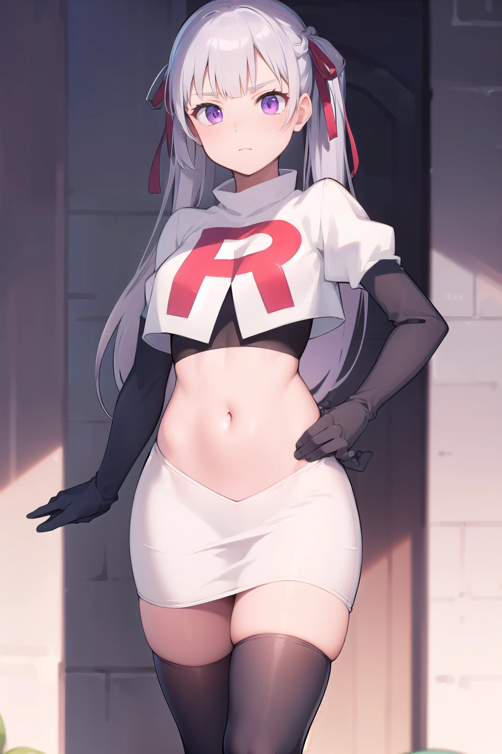 noellesilva, noelle silva, hair ribbon, long hair, (purple eyes:1.1), silver hair, twintails,
BREAK team rocket,team rocket uniform,white skirt,red letter R,crop top,black thigh-highs,black elbow gloves,
BREAK looking at viewer,
BREAK (masterpiece:1.2), best quality, high resolution, unity 8k wallpaper, (illustration:0.8), (beautiful detailed eyes:1.6), extremely detailed face, perfect lighting, extremely detailed CG, (perfect hands, perfect anatomy),