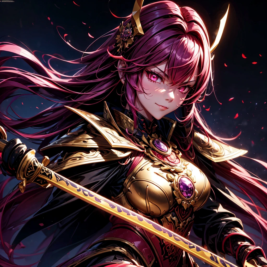 best quality,4K,high resolution),Ultradetailliert,realistisch,portrait, Lila Samurai Sukkubus mit einen katana dunkelrotem Haar, a purple-dark red armor with gold neon lights with gold trim and glowing red eyes, Leuchtende Farben, delicate features, seductive glance, Charming smile, wallende Haare, sanfte Beleuchtung