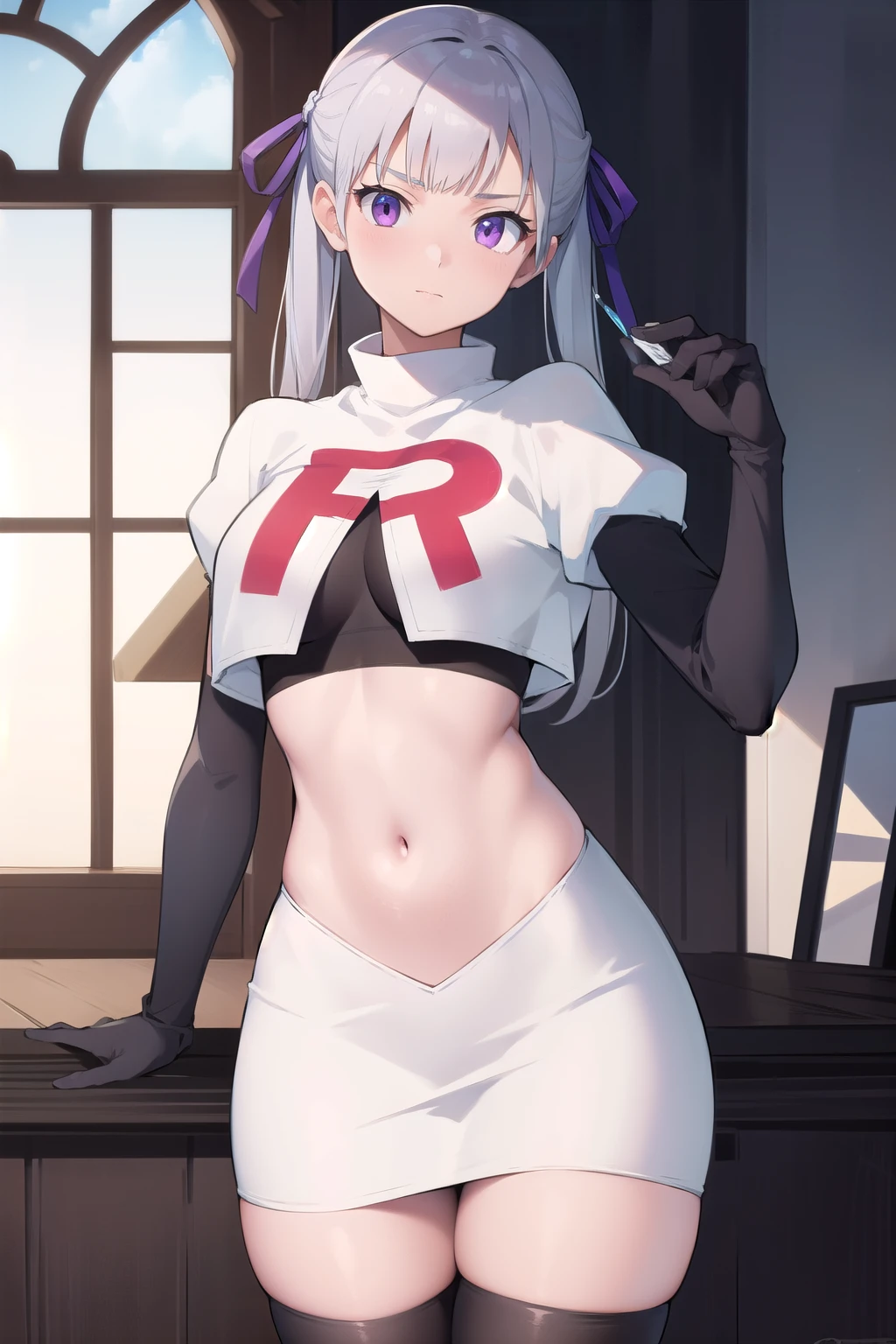 noellesilva, noelle silva, hair ribbon, long hair, (purple eyes:1.1), silver hair, twintails,
BREAK team rocket,team rocket uniform,white skirt,red letter R,crop top,black thigh-highs,black elbow gloves,
BREAK looking at viewer,
BREAK (masterpiece:1.2), best quality, high resolution, unity 8k wallpaper, (illustration:0.8), (beautiful detailed eyes:1.6), extremely detailed face, perfect lighting, extremely detailed CG, (perfect hands, perfect anatomy),