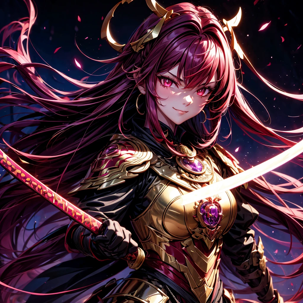 best quality,4K,high resolution),Ultradetailliert,realistisch,portrait, Lila Samurai Sukkubus mit einen katana dunkelrotem Haar, a purple-dark red armor with gold neon lights with gold trim and glowing red eyes, Leuchtende Farben, delicate features, seductive glance, Charming smile, wallende Haare, sanfte Beleuchtung