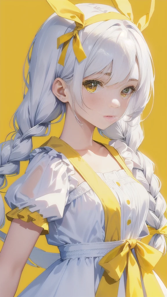 White haired teen hairing a simple yellow dress.   Her hair is in twin braids with yellow ribbons at the ends 