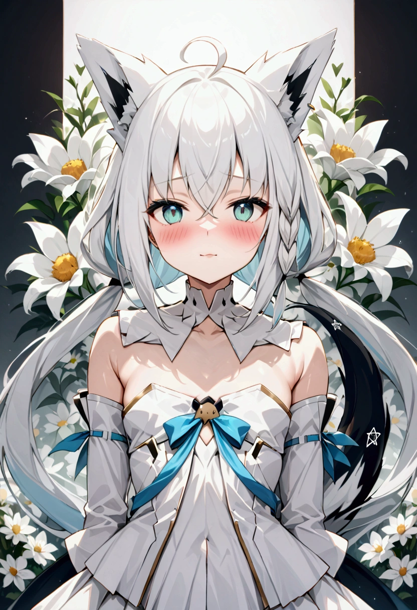  High image quality 、masterpiece、   high quality、Full HD、4K、 draw one girl 、 Shirakami Fubuki、Pose with both hands、 long gray hair 、 blue eyes、Fox Ears、 white idol clothes、 flat chest、tail、 Seductive Expression 、 Blushing cheeks 、 open your mouth 、Surrounded by flowers