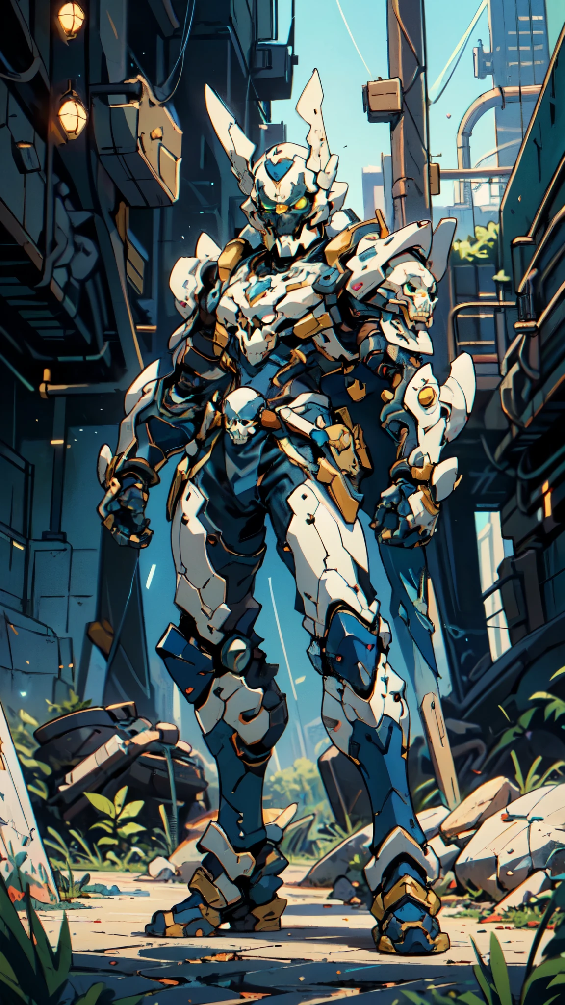 (masterpiece:1.5, best quality:1.5, extremely delicate:1.5), ((male:1.5)), a man wearing a full-face helmet, green eyes, fantasy-style high-tech biomimetic armored combat suit, (a composite layered chest armor), the design balances heavy with agility, fully enclosed shoulder guards, matching arm and leg guards, a belt of gemstone, (the color scheme is primarily White with Blue and Red accents, Organic Biotech, Concept Inspired by Skull, glowing eyes, armor glows, stand of a futuristic sci-fi city), this character embodies a finely crafted fantasy-style armored hero in anime style, exquisite and mature art style, metallic, high definition, highres, ultra-detailed, ultra-fine painting, professional, perfect body proportions, golden ratio, anatomically correct, symmetrical face, extremely detailed eyes and face, high quality eyes, creativity, RAW photo, UHD, 32k, Natural light, cinematic lighting, masterpiece-anatomy-perfect