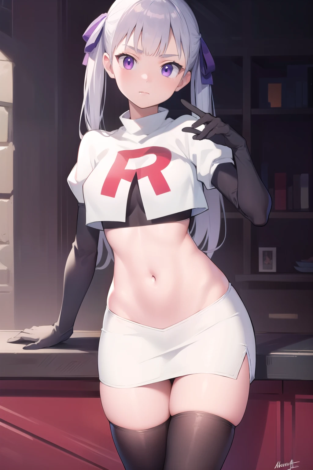 noellesilva, noelle silva, hair ribbon, long hair, (purple eyes:1.1), silver hair, twintails,
BREAK team rocket,team rocket uniform,white skirt,red letter R,crop top,black thigh-highs,black elbow gloves,
BREAK looking at viewer,
BREAK (masterpiece:1.2), best quality, high resolution, unity 8k wallpaper, (illustration:0.8), (beautiful detailed eyes:1.6), extremely detailed face, perfect lighting, extremely detailed CG, (perfect hands, perfect anatomy),