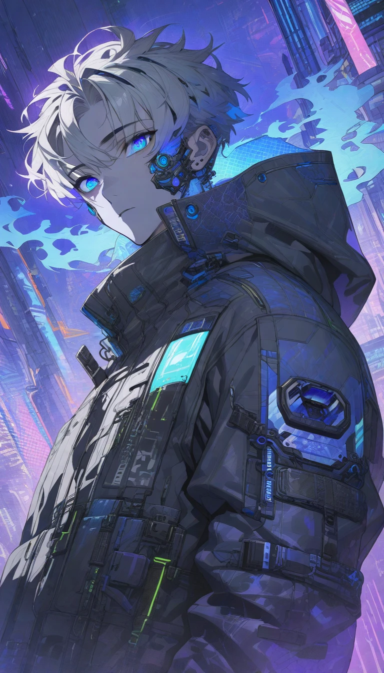 solo, (handsome), 1 male, short hair, gray hair, blue eyes, black light, blue fire, (cyberpunk clothing), ((masterpiece, detailed face, detailed eyes, cyberpunk aesthetic background: 1.3, dynamic angle))