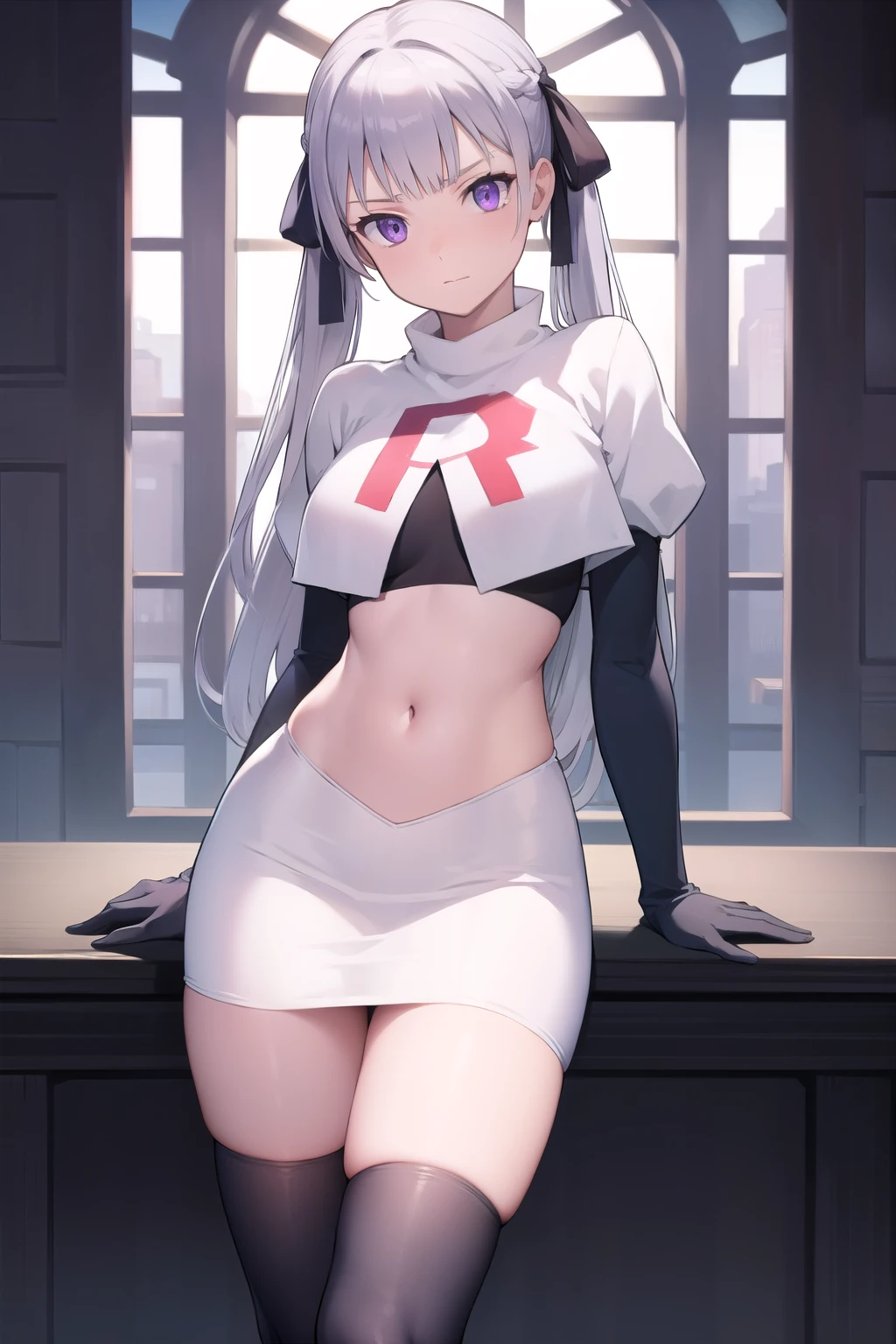 noellesilva, noelle silva, hair ribbon, long hair, (purple eyes:1.1), silver hair, twintails,
BREAK team rocket,team rocket uniform,white skirt,red letter R,crop top,black thigh-highs,black elbow gloves,
BREAK looking at viewer,
BREAK (masterpiece:1.2), best quality, high resolution, unity 8k wallpaper, (illustration:0.8), (beautiful detailed eyes:1.6), extremely detailed face, perfect lighting, extremely detailed CG, (perfect hands, perfect anatomy),