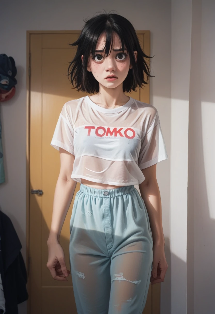 Dark room, messy room, Tomoko KUROKI, perky tits. See through clothes, awkward, femcel, 