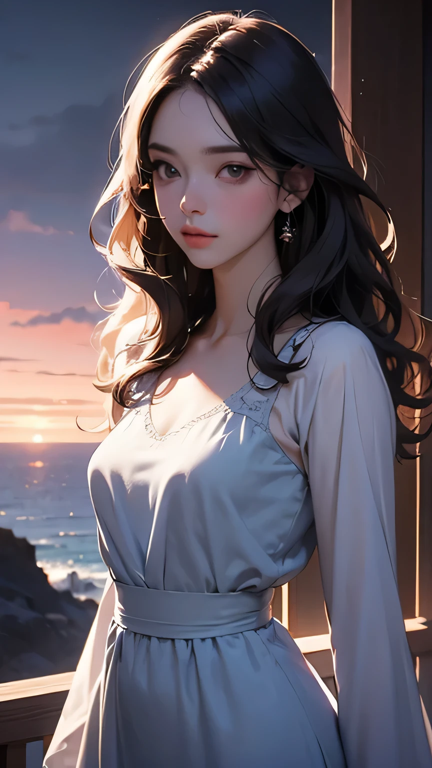 ( sharp concentration:1.2), photograph, Attractive Young Woman , ( Facial beauty:1.1), DETAIL EYES, Seductive lips, ( I'm wearing smokey eye makeup:0.85), ( medium chest:1.0), ( athletic bodies:1.2), ( wavy hair in front of the station:1.2), wear ( Maxi Dress :1.2) To (Cliff Side:1.2). (Mood Lighting:1.2), faces with a depth of writing , Bokeh, 4K, high resolution on down. Toよる (James C. Christiansen:1.2| Jeremy Lipking:1.1).