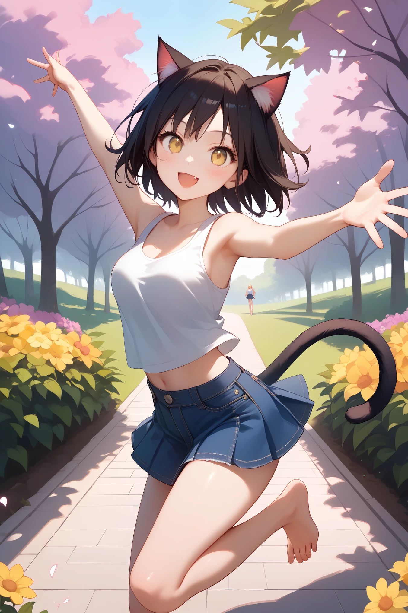 (masterpiece, best quality), (score_9,score_8_up,score_7_up), (highly-detailed), solo, young woman, 24 years old, (black short stylish hair), (bright yellow eyes), (nice body, curvaceous, fit), cute face, (cat ears, cat tail), tanktop, denim pleated skirt, kitty white panties, thighs, legs, barefoot, dynamic pose, (jumping towards you), hands reaching for you, joyful, super happy, cute feline fang, mouth open, cute smile, blush, outdoors, nature, flowers, trees, nice park, sunny day, 