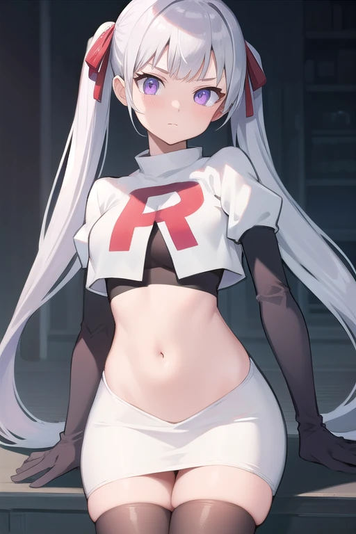 noellesilva, noelle silva, hair ribbon, long hair, (purple eyes:1.1), silver hair, twintails,
BREAK team rocket,team rocket uniform,white skirt,red letter R,crop top,black thigh-highs,black elbow gloves,
BREAK looking at viewer,
BREAK (masterpiece:1.2), best quality, high resolution, unity 8k wallpaper, (illustration:0.8), (beautiful detailed eyes:1.6), extremely detailed face, perfect lighting, extremely detailed CG, (perfect hands, perfect anatomy),