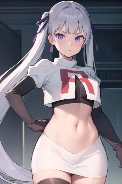 noellesilva, noelle silva, hair ribbon, long hair, (purple eyes:1.1), silver hair, twintails,
BREAK team rocket,team rocket uniform,white skirt,red letter R,crop top,black thigh-highs,black elbow gloves,
BREAK looking at viewer,
BREAK (masterpiece:1.2), best quality, high resolution, unity 8k wallpaper, (illustration:0.8), (beautiful detailed eyes:1.6), extremely detailed face, perfect lighting, extremely detailed CG, (perfect hands, perfect anatomy),