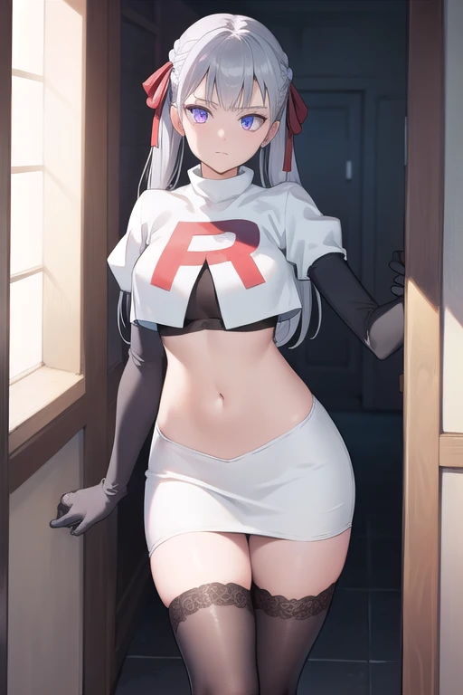 noellesilva, noelle silva, hair ribbon, long hair, (purple eyes:1.1), silver hair, twintails,
BREAK team rocket,team rocket uniform,white skirt,red letter R,crop top,black thigh-highs,black elbow gloves,
BREAK looking at viewer,
BREAK (masterpiece:1.2), best quality, high resolution, unity 8k wallpaper, (illustration:0.8), (beautiful detailed eyes:1.6), extremely detailed face, perfect lighting, extremely detailed CG, (perfect hands, perfect anatomy),