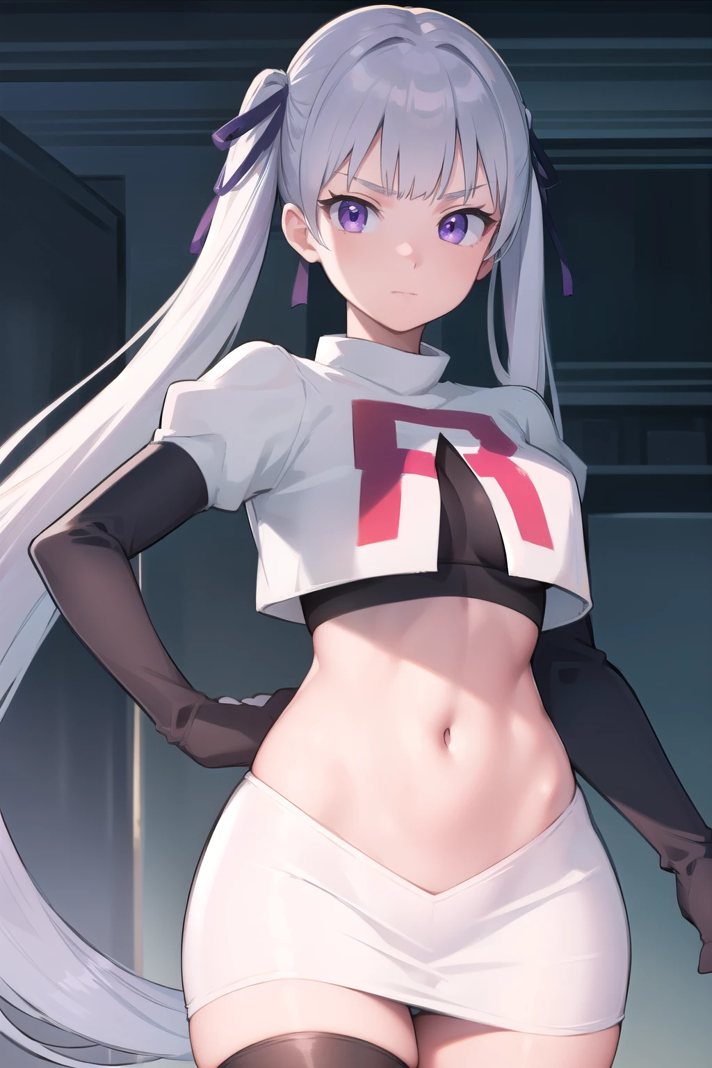 noellesilva, noelle silva, hair ribbon, long hair, (purple eyes:1.1), silver hair, twintails,
BREAK team rocket,team rocket uniform,white skirt,red letter R,crop top,black thigh-highs,black elbow gloves,
BREAK looking at viewer,
BREAK (masterpiece:1.2), best quality, high resolution, unity 8k wallpaper, (illustration:0.8), (beautiful detailed eyes:1.6), extremely detailed face, perfect lighting, extremely detailed CG, (perfect hands, perfect anatomy),