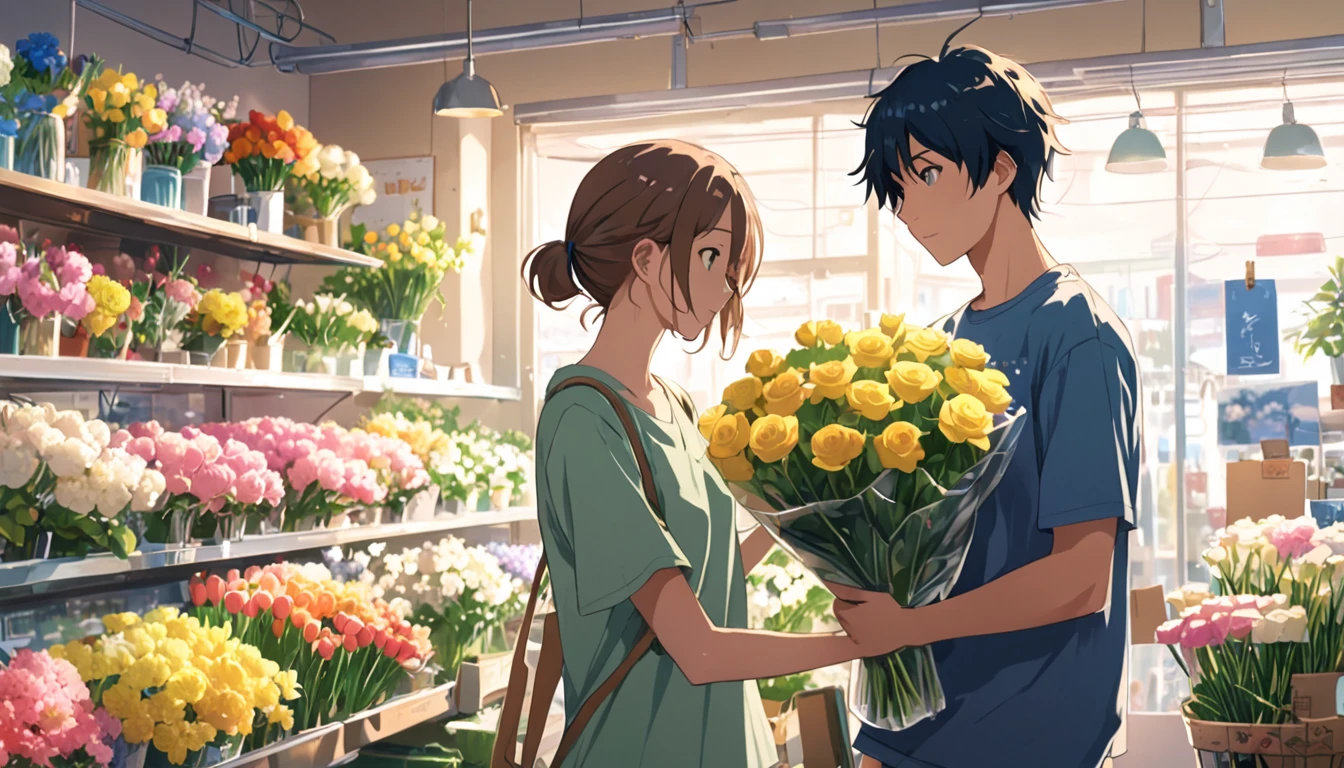 anime boy com flores in hand in a flower shop, com flores, Segurando flores, pessoal, carrying flowers, sakimichan and Makoto Shinkai, pose de anime bonito, guweiz and Makoto Shinkai, Homem de anime bonito, ( ( Makoto Shinkai ) ), , ross tran and Makoto Shinkai