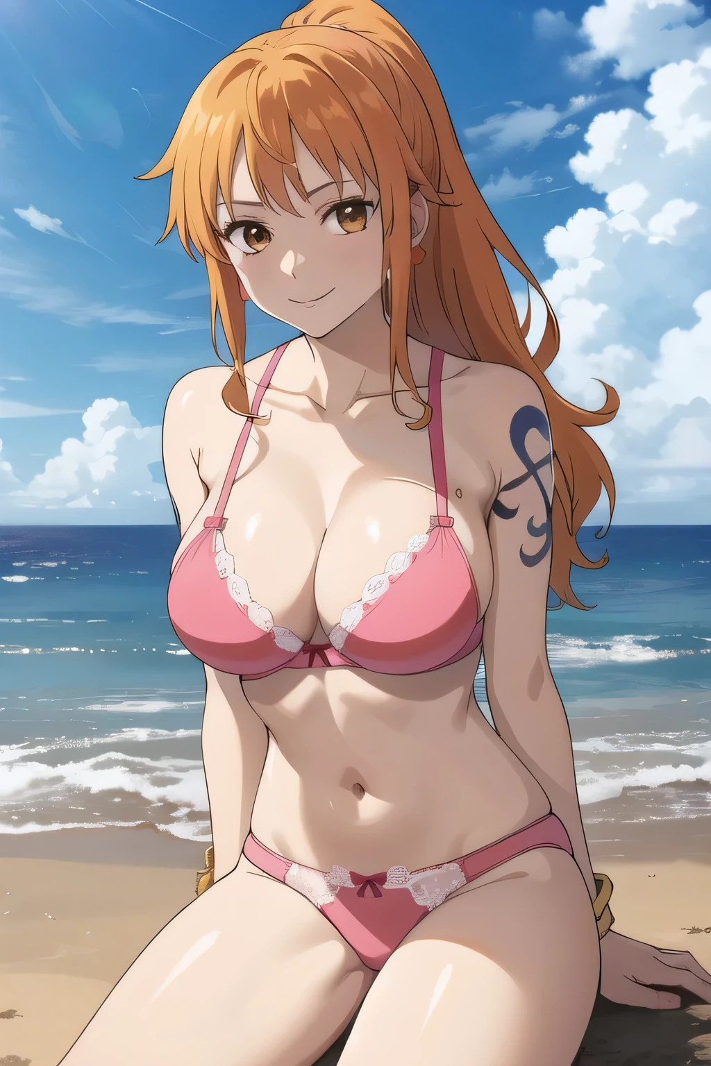  wano, nami, 1girl, solo, long hair, smile, jewelry, orange hair, earrings, looking at viewer, bracelet, breasts, ponytail, blue sky, brown eyes, orange eyes, left shoulder tattoo, bare shoulders, very long hair, sidelocks, bangs, collarbone, left arm tattoo, bare arms, shiny hair, bangle, large breasts, pink lace bra, wavy hair, pink lace panties