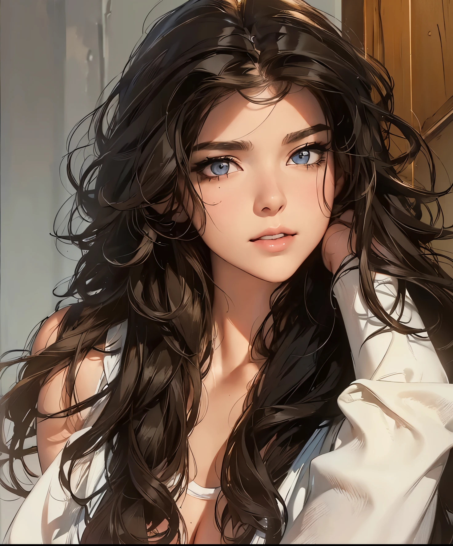 ((((masterpiece, best quality, high resolution)))), Extremely detailed 8K, Beautiful girl with slender body, (Ultra HD, Ultra-detailed, Highly detailed, Highly realistic, Ultra-realistic, photograph realistic), (1girl:1.5), (Realistic blonde hair with dark roots), short wavy hair, bob cut, (dynamic poses), facing at camera, light smile, (beautiful detailed face, beautiful detailed eyes), (white tank top, thin material), see through top, cleavage, dark jean shorts, glow, sweat, (sunbeam, sunlight), detailed makeup