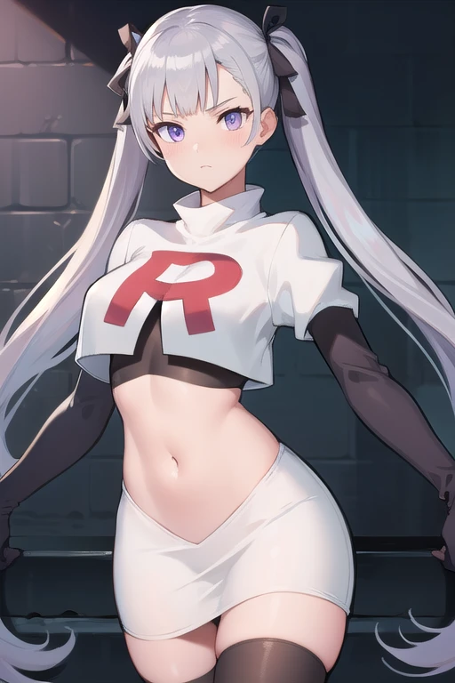 noellesilva, noelle silva, hair ribbon, long hair, (purple eyes:1.1), silver hair, twintails,
BREAK team rocket,team rocket uniform,white skirt,red letter R,crop top,black thigh-highs,black elbow gloves,
BREAK looking at viewer,
BREAK (masterpiece:1.2), best quality, high resolution, unity 8k wallpaper, (illustration:0.8), (beautiful detailed eyes:1.6), extremely detailed face, perfect lighting, extremely detailed CG, (perfect hands, perfect anatomy),