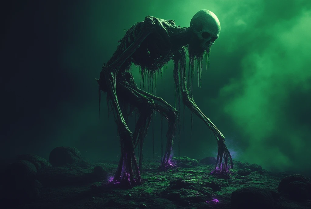 ((masterpiece)) ((photography)) ((Highest quality)) Ultra-detailed illustration titled "💀 Viscosité Macabre 💀," featuring a surreal, eerie composition of dripping, slimy bones that seem to be melting or covered in a viscous, ghostly substance. The skeleton structure appears both spooky and twisted, with elongated bones and dark shadows creating a nightmarish, almost supernatural vibe. The background is dark and foggy, with a slight greenish glow, adding a toxic, haunted atmosphere. Highlights of neon green and purple ooze bring out the "Spooky Bones" theme, making the bones look both decayed and otherworldly.