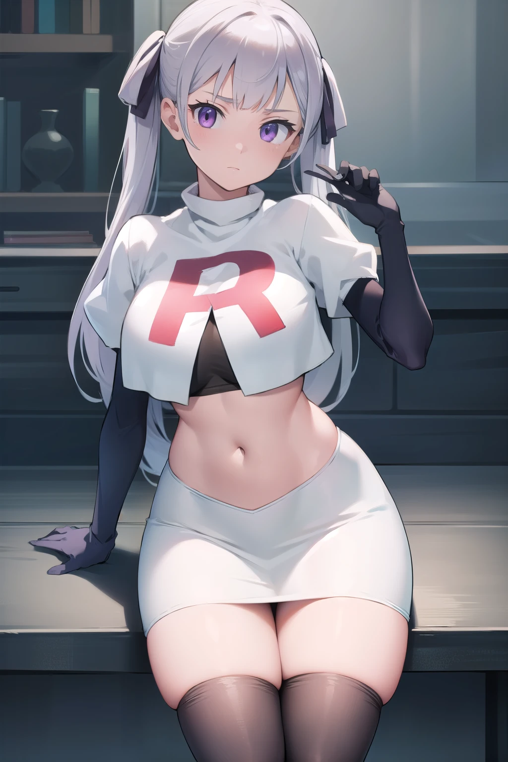 noellesilva, noelle silva, hair ribbon, long hair, (purple eyes:1.1), silver hair, twintails,
BREAK team rocket,team rocket uniform,white skirt,red letter R,crop top,black thigh-highs,black elbow gloves,
BREAK looking at viewer,
BREAK (masterpiece:1.2), best quality, high resolution, unity 8k wallpaper, (illustration:0.8), (beautiful detailed eyes:1.6), extremely detailed face, perfect lighting, extremely detailed CG, (perfect hands, perfect anatomy),