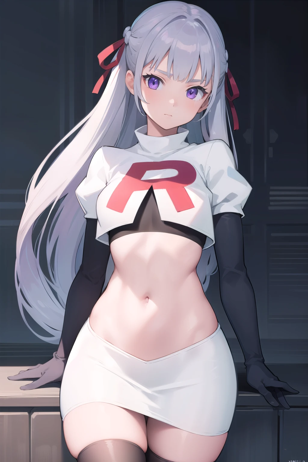 noellesilva, noelle silva, hair ribbon, long hair, (purple eyes:1.1), silver hair, twintails,
BREAK team rocket,team rocket uniform,white skirt,red letter R,crop top,black thigh-highs,black elbow gloves,
BREAK looking at viewer,
BREAK (masterpiece:1.2), best quality, high resolution, unity 8k wallpaper, (illustration:0.8), (beautiful detailed eyes:1.6), extremely detailed face, perfect lighting, extremely detailed CG, (perfect hands, perfect anatomy),