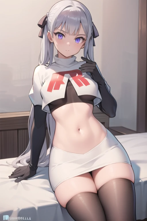 noellesilva, noelle silva, hair ribbon, long hair, (purple eyes:1.1), silver hair, twintails,
BREAK team rocket,team rocket uniform,white skirt,red letter R,crop top,black thigh-highs,black elbow gloves,
BREAK looking at viewer,
BREAK (masterpiece:1.2), best quality, high resolution, unity 8k wallpaper, (illustration:0.8), (beautiful detailed eyes:1.6), extremely detailed face, perfect lighting, extremely detailed CG, (perfect hands, perfect anatomy),