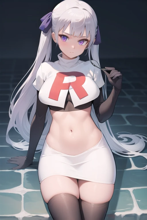 noellesilva, noelle silva, hair ribbon, long hair, (purple eyes:1.1), silver hair, twintails,
BREAK team rocket,team rocket uniform,white skirt,red letter R,crop top,black thigh-highs,black elbow gloves,
BREAK looking at viewer,
BREAK (masterpiece:1.2), best quality, high resolution, unity 8k wallpaper, (illustration:0.8), (beautiful detailed eyes:1.6), extremely detailed face, perfect lighting, extremely detailed CG, (perfect hands, perfect anatomy),