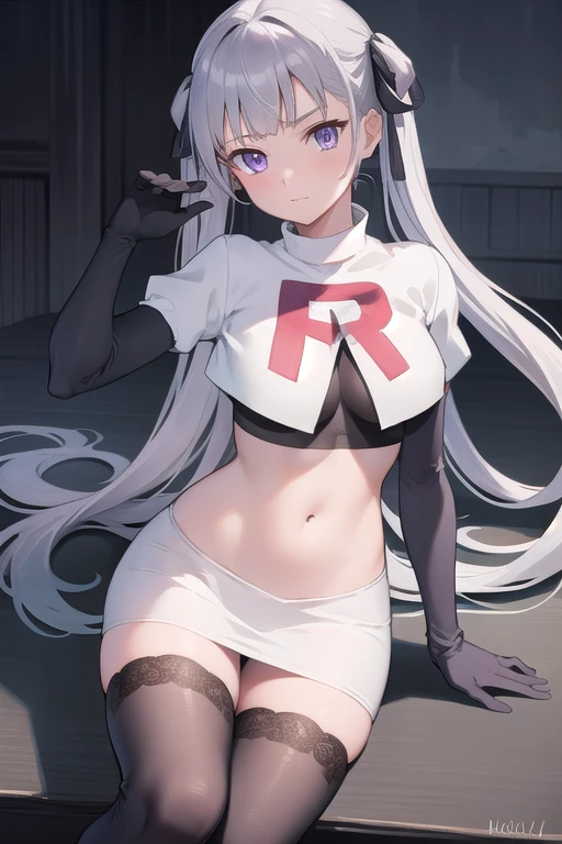 noellesilva, noelle silva, hair ribbon, long hair, (purple eyes:1.1), silver hair, twintails,
BREAK team rocket,team rocket uniform,white skirt,red letter R,crop top,black thigh-highs,black elbow gloves,
BREAK looking at viewer,
BREAK (masterpiece:1.2), best quality, high resolution, unity 8k wallpaper, (illustration:0.8), (beautiful detailed eyes:1.6), extremely detailed face, perfect lighting, extremely detailed CG, (perfect hands, perfect anatomy),